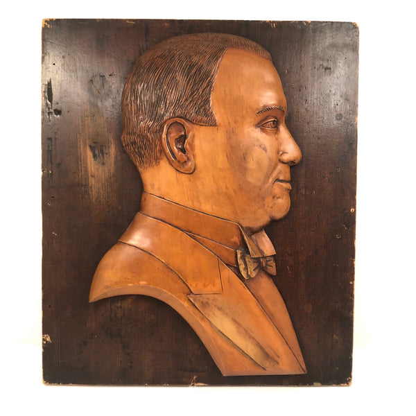 Beautifully Carved, Mounted Folk Art Portrait of Man with Bow Tie and Fabulous Hair