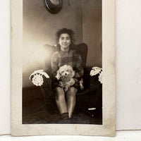 Glowing Young Woman in Chair with Dog and Doilies, Wonderful Vintage Snapshot