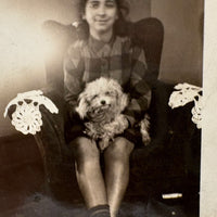 Glowing Young Woman in Chair with Dog and Doilies, Wonderful Vintage Snapshot