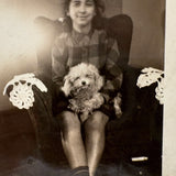 Glowing Young Woman in Chair with Dog and Doilies, Wonderful Vintage Snapshot