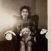 Glowing Young Woman in Chair with Dog and Doilies, Wonderful Vintage Snapshot