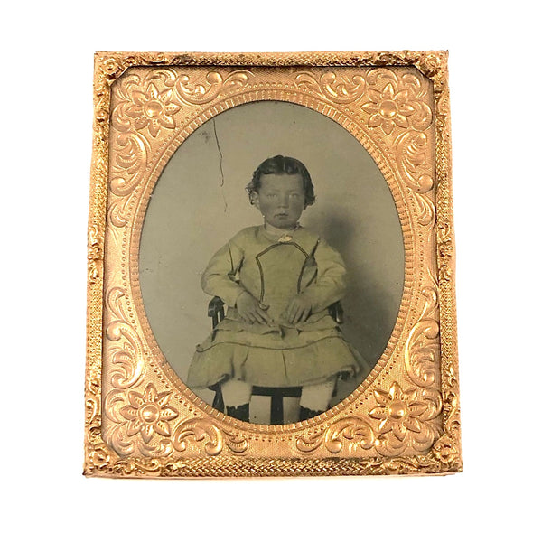 Young Girl in Gold, Hand-tinted 19th C. Sixth Plate Ambrotype with Gilding