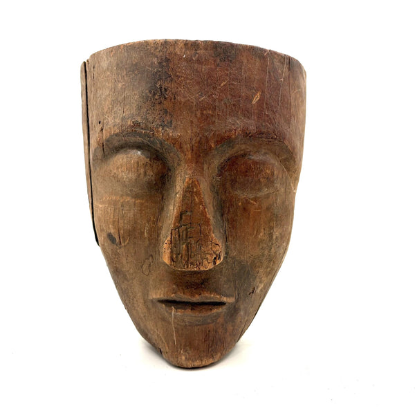 Old Carved Wooden Face with Rich Patina (Including Nailed Repair and Worm Holes)