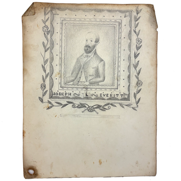 Many Times Framed 1870s-80s Naive Graphite Portrait of Joseph L. Everitt (with Architectural Drawing on Reverse)