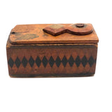 Harlequin Patterned, Hand-painted, Lined Antique Wooden Box with Handwritten Inscription