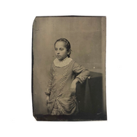 Antique Tintype Portrait of Lovely, Serious Looking Girl Resting Elbow
