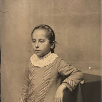 Antique Tintype Portrait of Lovely, Serious Looking Girl Resting Elbow