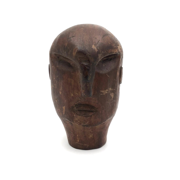 Stylized Modernist Carved Wood Head,  Early-Mid 20th C., SIgned