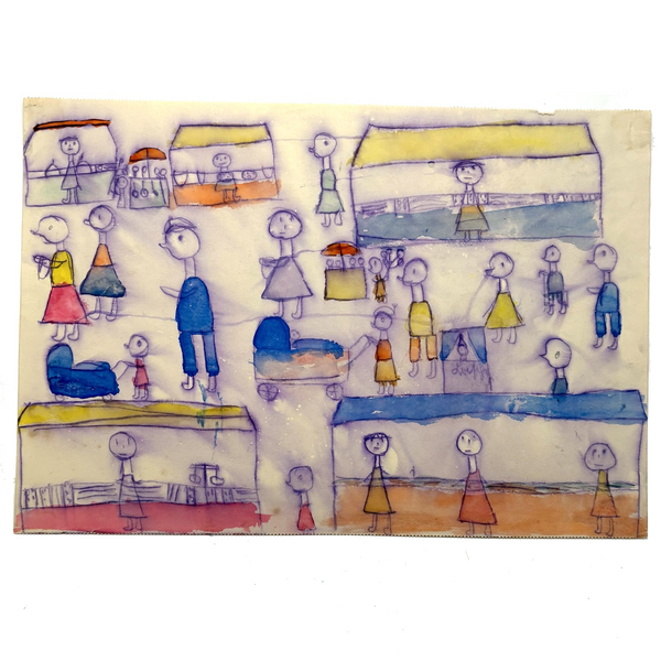 Booths, Balloons, Baby Carriages, Puppet Show, Marvelous Naive Watercolor of Busy Scene