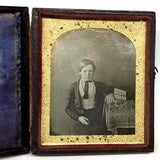 Serious Young Man: Sixth Plate Cased Daguerreotype of Boy with Books