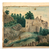 House Perched on Cliff, Earlyish 19th C. Folk Art Watercolor