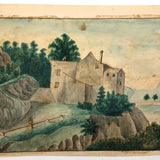 House Perched on Cliff, Earlyish 19th C. Folk Art Watercolor