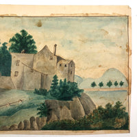 House Perched on Cliff, Earlyish 19th C. Folk Art Watercolor