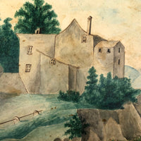 House Perched on Cliff, Earlyish 19th C. Folk Art Watercolor