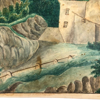 House Perched on Cliff, Earlyish 19th C. Folk Art Watercolor