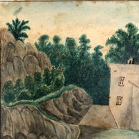 House Perched on Cliff, Earlyish 19th C. Folk Art Watercolor