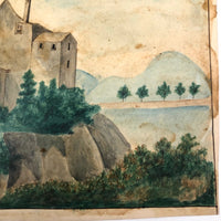 House Perched on Cliff, Earlyish 19th C. Folk Art Watercolor