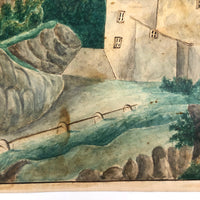House Perched on Cliff, Earlyish 19th C. Folk Art Watercolor