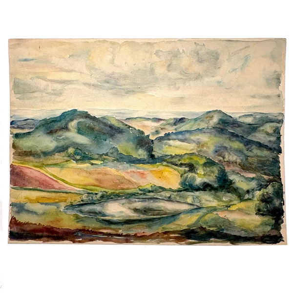 Green Hills, Golden Valley, Lush and Radiant 20th Century Watercolor Landscape, Unsigned