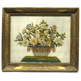 Flowers in Basket, Large 19th C. Theorem-esque Chenille Stumpwork Embroidery on Silk