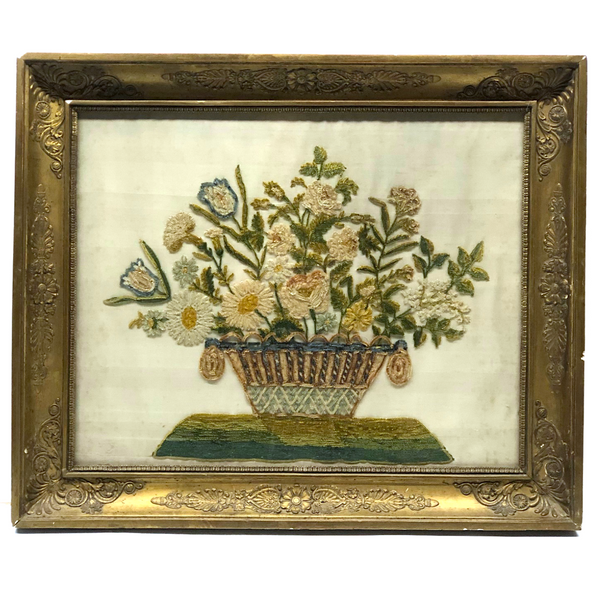Flowers in Basket, Large 19th C. Theorem-esque Chenille Stumpwork Embroidery on Silk