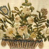 Flowers in Basket, Large 19th C. Theorem-esque Chenille Stumpwork Embroidery on Silk