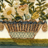 Flowers in Basket, Large 19th C. Theorem-esque Chenille Stumpwork Embroidery on Silk