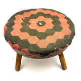 Sweet, Much Loved Antique Three Legged Stool with Yellow Painted Legs and Piecework Cover