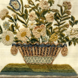 Flowers in Basket, Large 19th C. Theorem-esque Chenille Stumpwork Embroidery on Silk
