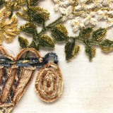 Flowers in Basket, Large 19th C. Theorem-esque Chenille Stumpwork Embroidery on Silk
