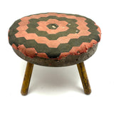 Sweet, Much Loved Antique Three Legged Stool with Yellow Painted Legs and Piecework Cover