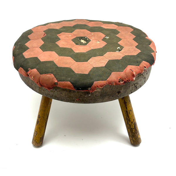Sweet, Much Loved Antique Three Legged Stool with Yellow Painted Legs and Piecework Cover