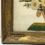 Flowers in Basket, Large 19th C. Theorem-esque Chenille Stumpwork Embroidery on Silk