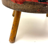 Sweet, Much Loved Antique Three Legged Stool with Yellow Painted Legs and Piecework Cover