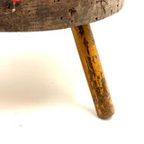 Sweet, Much Loved Antique Three Legged Stool with Yellow Painted Legs and Piecework Cover