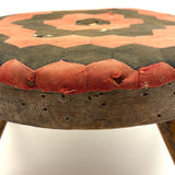 Sweet, Much Loved Antique Three Legged Stool with Yellow Painted Legs and Piecework Cover