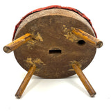 Sweet, Much Loved Antique Three Legged Stool with Yellow Painted Legs and Piecework Cover