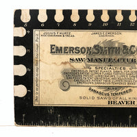 Excellent Graphics 19th C. Emerson Smith & Co Saws Trade Card with Gauge and Ruler