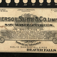 Excellent Graphics 19th C. Emerson Smith & Co Saws Trade Card with Gauge and Ruler