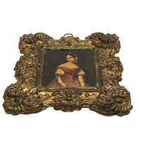 19th C. Diminutive Portrait of Lovely Young Woman in Rose on Tin in Repousse Frame