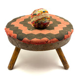 Sweet, Much Loved Antique Three Legged Stool with Yellow Painted Legs and Piecework Cover
