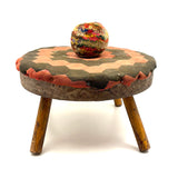 Sweet, Much Loved Antique Three Legged Stool with Yellow Painted Legs and Piecework Cover