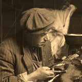 Dramatic Photo of Man at Work on Wings in Barn, with Hanging Geese and Flock of Sheep