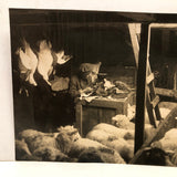 Dramatic Photo of Man at Work on Wings in Barn, with Hanging Geese and Flock of Sheep