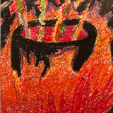 Devil Girl with Flaming Cauldron, Vintage Crayon Drawing Mounted to Board