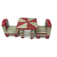Folk Art Miniature Table and Chairs in Original Mint and Red Paint