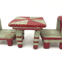 Folk Art Miniature Table and Chairs in Original Mint and Red Paint
