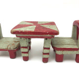 Folk Art Miniature Table and Chairs in Original Mint and Red Paint