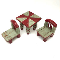 Folk Art Miniature Table and Chairs in Original Mint and Red Paint