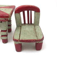 Folk Art Miniature Table and Chairs in Original Mint and Red Paint